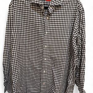 Isaia Men's Black & White Plaid Long Sleeve Shirt Sz 18 / 45 Button Up